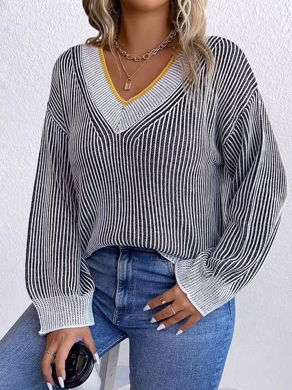 V-Neck Striped Knit Sweater - Black & White with Yellow Trim